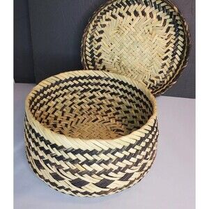 Large Vintage BoHo Tarahumara Basket With Lid Handmade Dark Light Mexico 10x5.5"